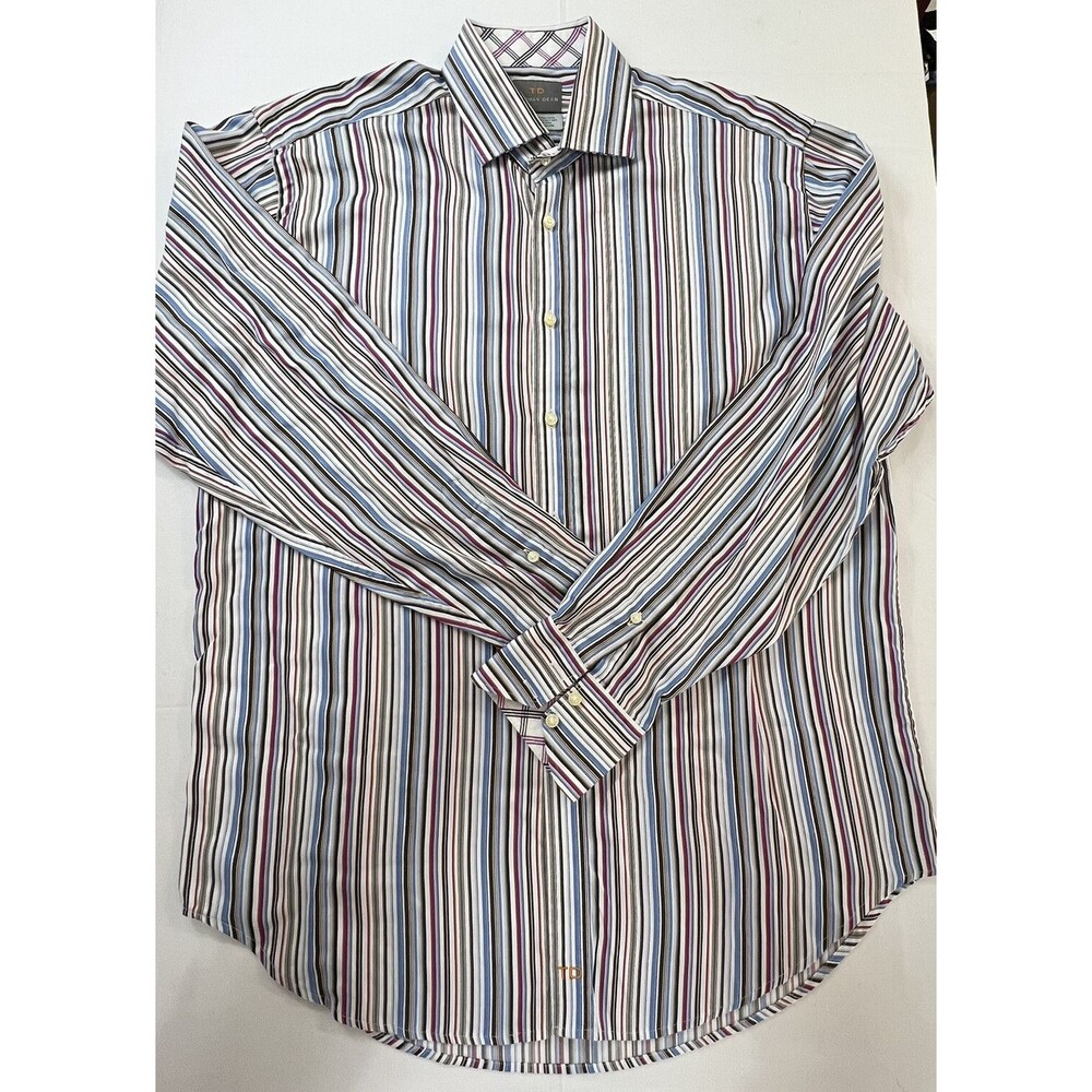 Thomas Dean Mens Blue Striped Long Sleeve Flip Cuff Button Up Shirt Size L